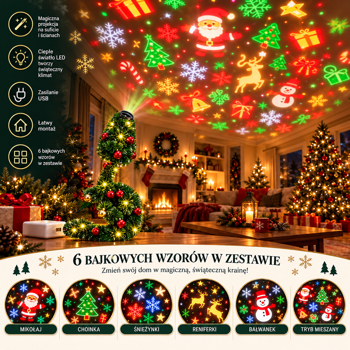 Magiczny Projektor Świąteczny LED